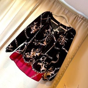 Blouse red, black & beige.